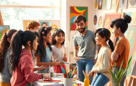 Estudiantes adolescentes dialogando con el profesor en clase de Arte