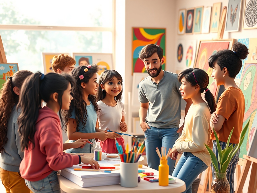 Estudiantes adolescentes dialogando con el profesor en clase de Arte